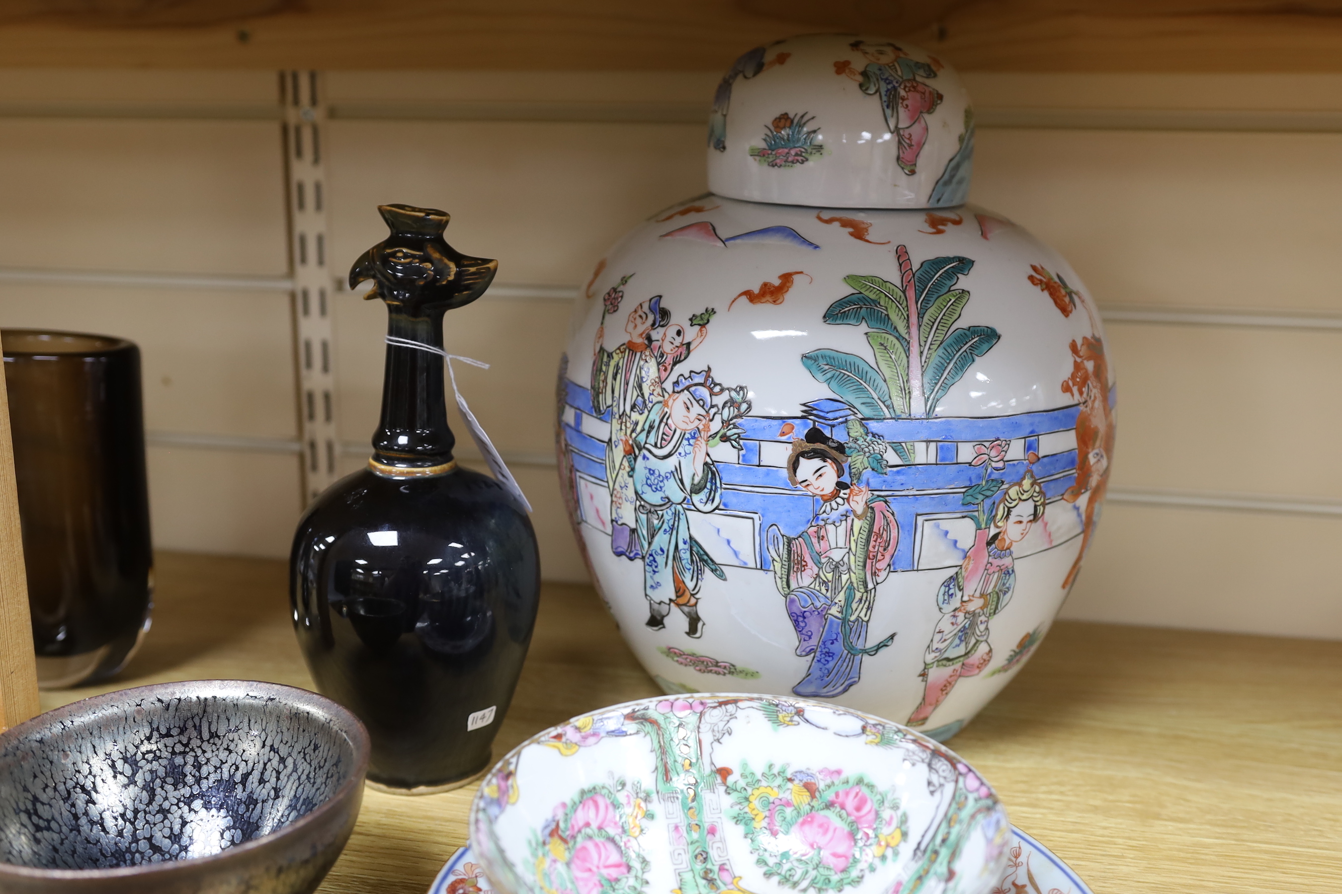 A group of Chinese ceramics, a Phoenix based ewer, oil spot glazed bowl, jar and cover, bowl and a Chinese Imari plate, jar and cover 32cm high